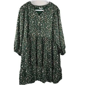 Jodifil Tiered Button Up Dress Size M Green Floral Lined 3/4 Sleeve Cottage Core